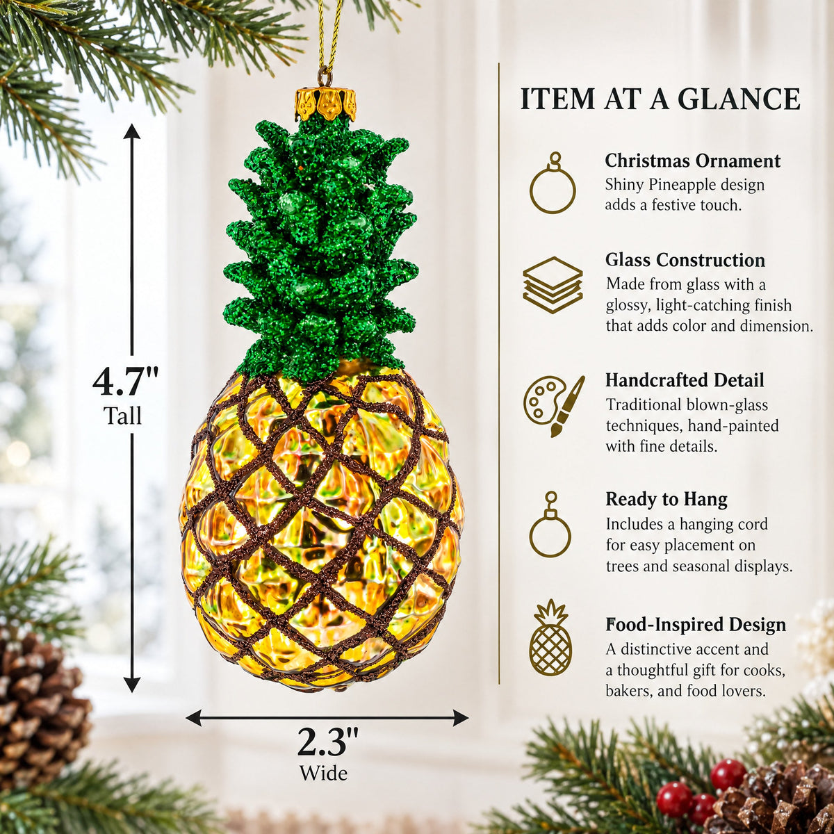Shiny Pineapple Glass Christmas Ornament