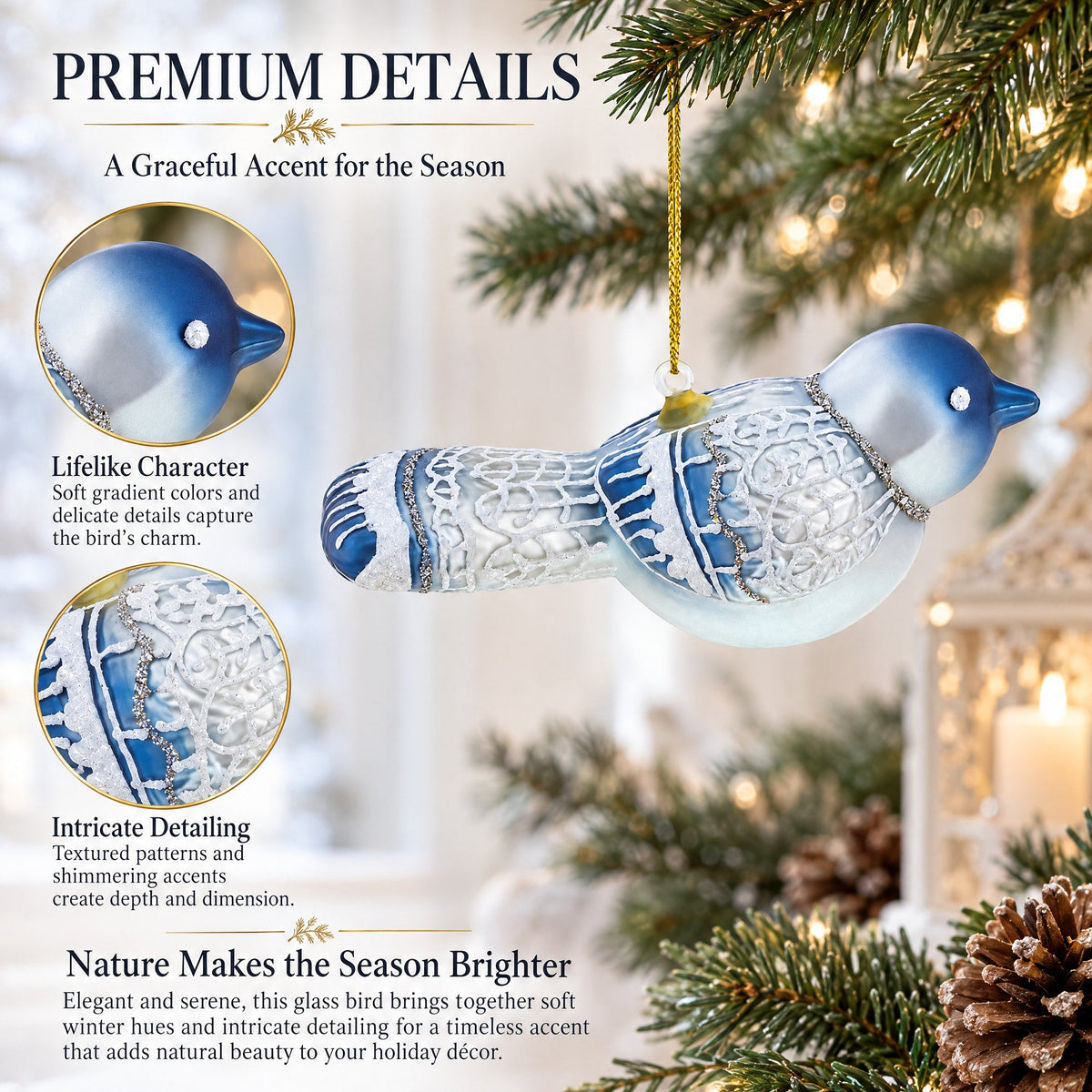 Gray Bird Glass Christmas Ornament