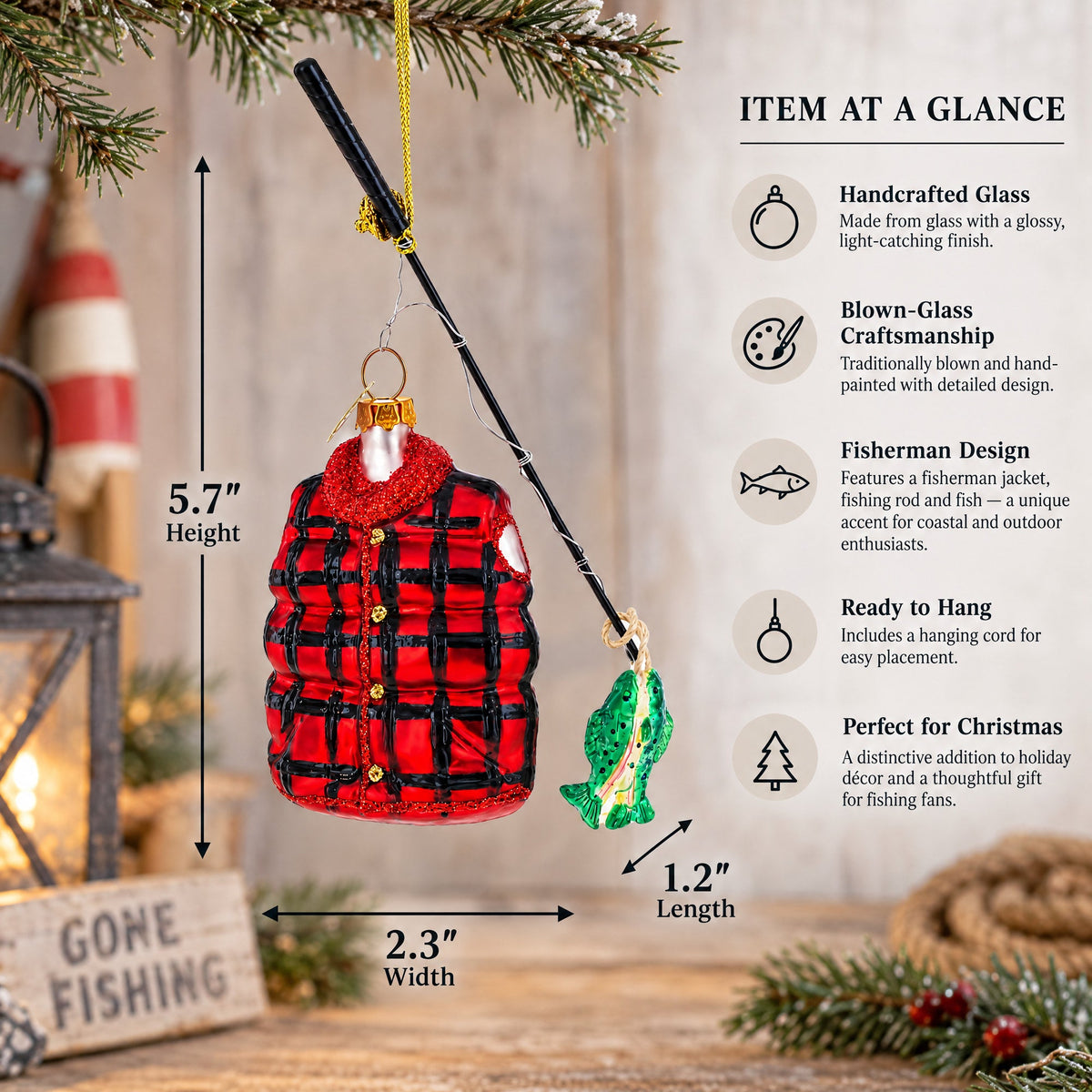 Fisherman Jacket and Rod Glass Christmas Ornament
