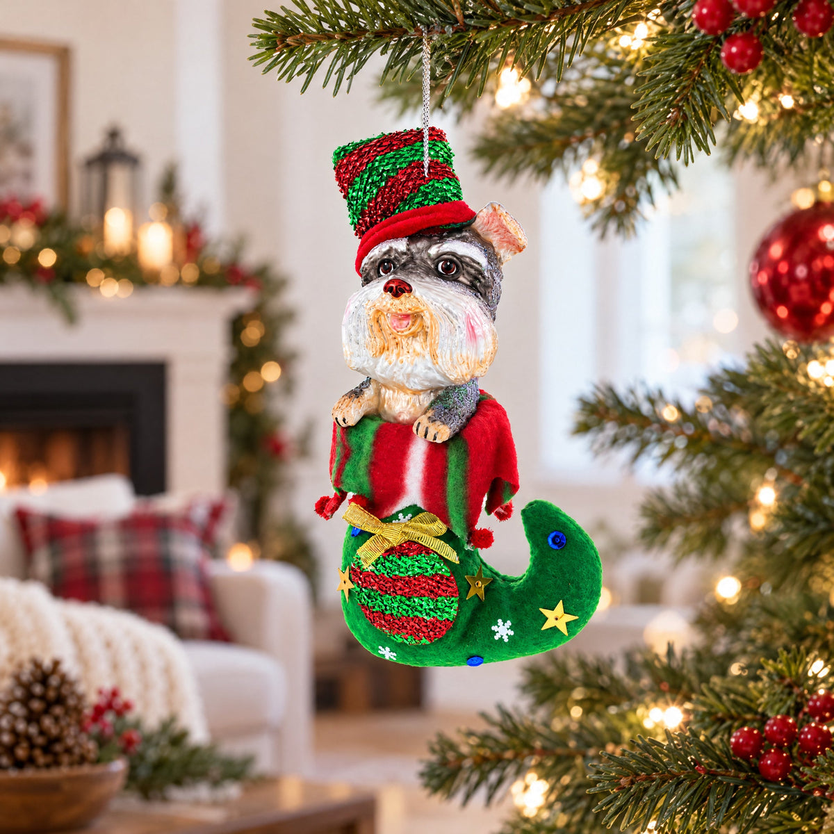 Puppy in Stocking Glass Christmas Ornament