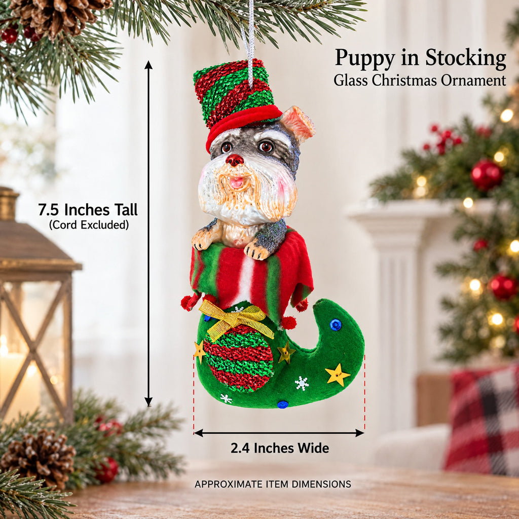 Puppy in Stocking Glass Christmas Ornament