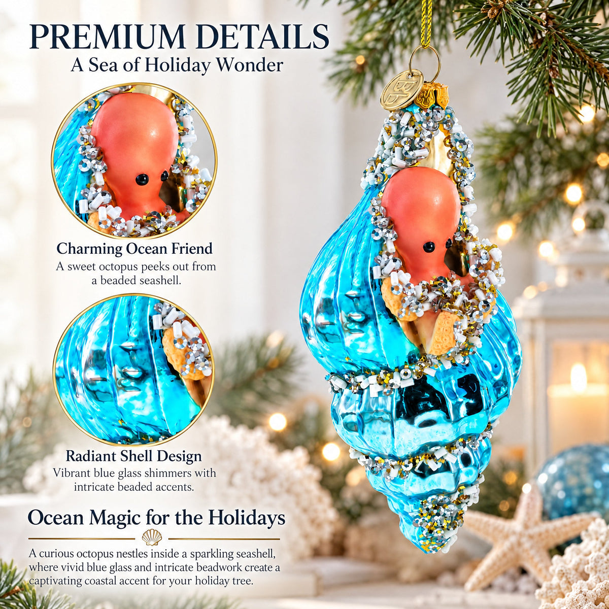Octopus in Seashell Glass Christmas Ornament