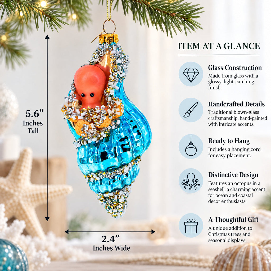 Octopus in Seashell Glass Christmas Ornament