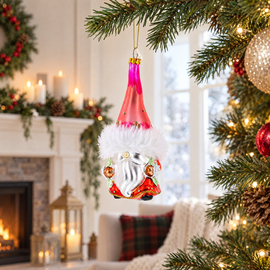 Gnome Carrying Gifts Glass Christmas Ornament
