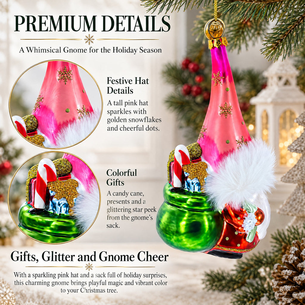 Gnome Carrying Gifts Glass Christmas Ornament
