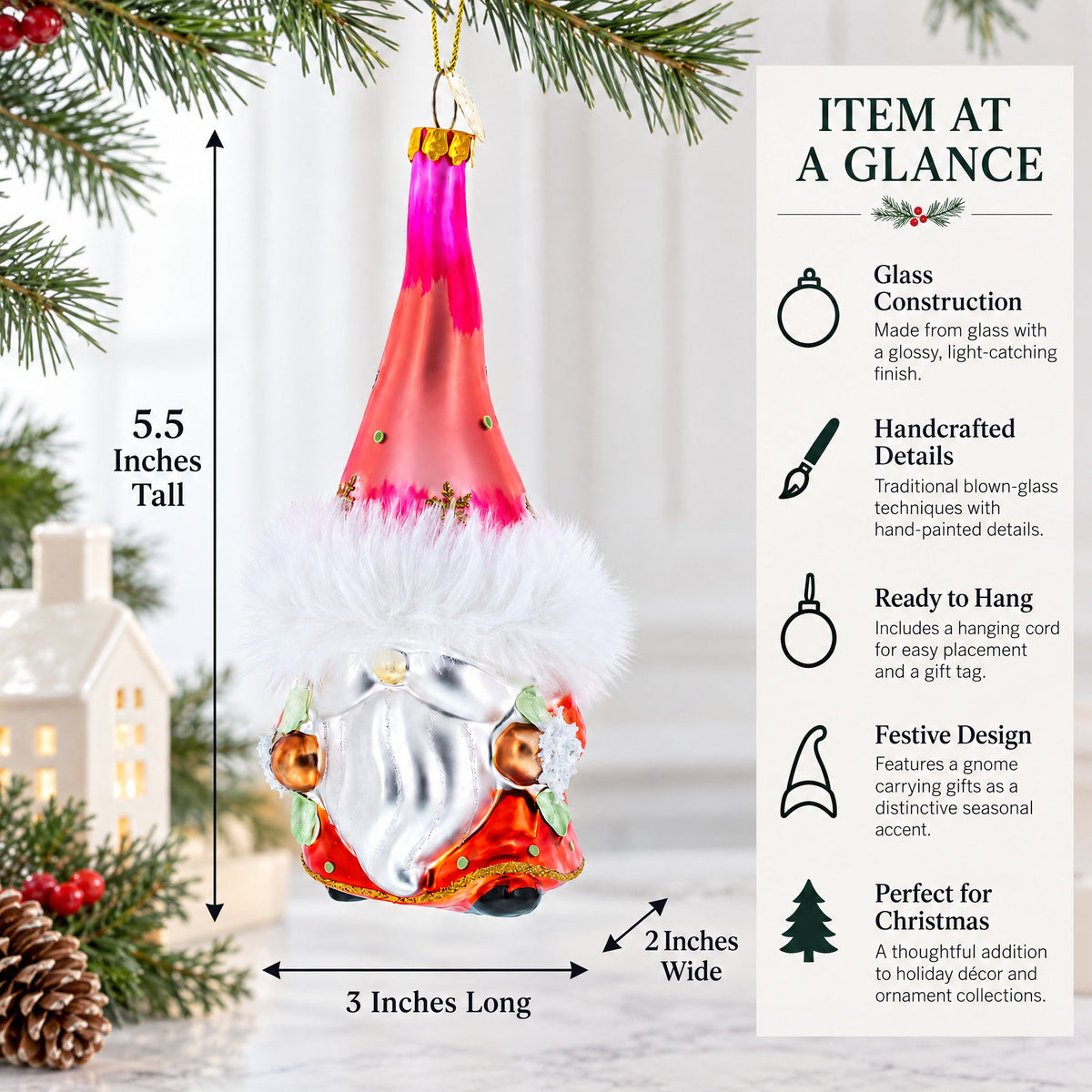 Gnome Carrying Gifts Glass Christmas Ornament