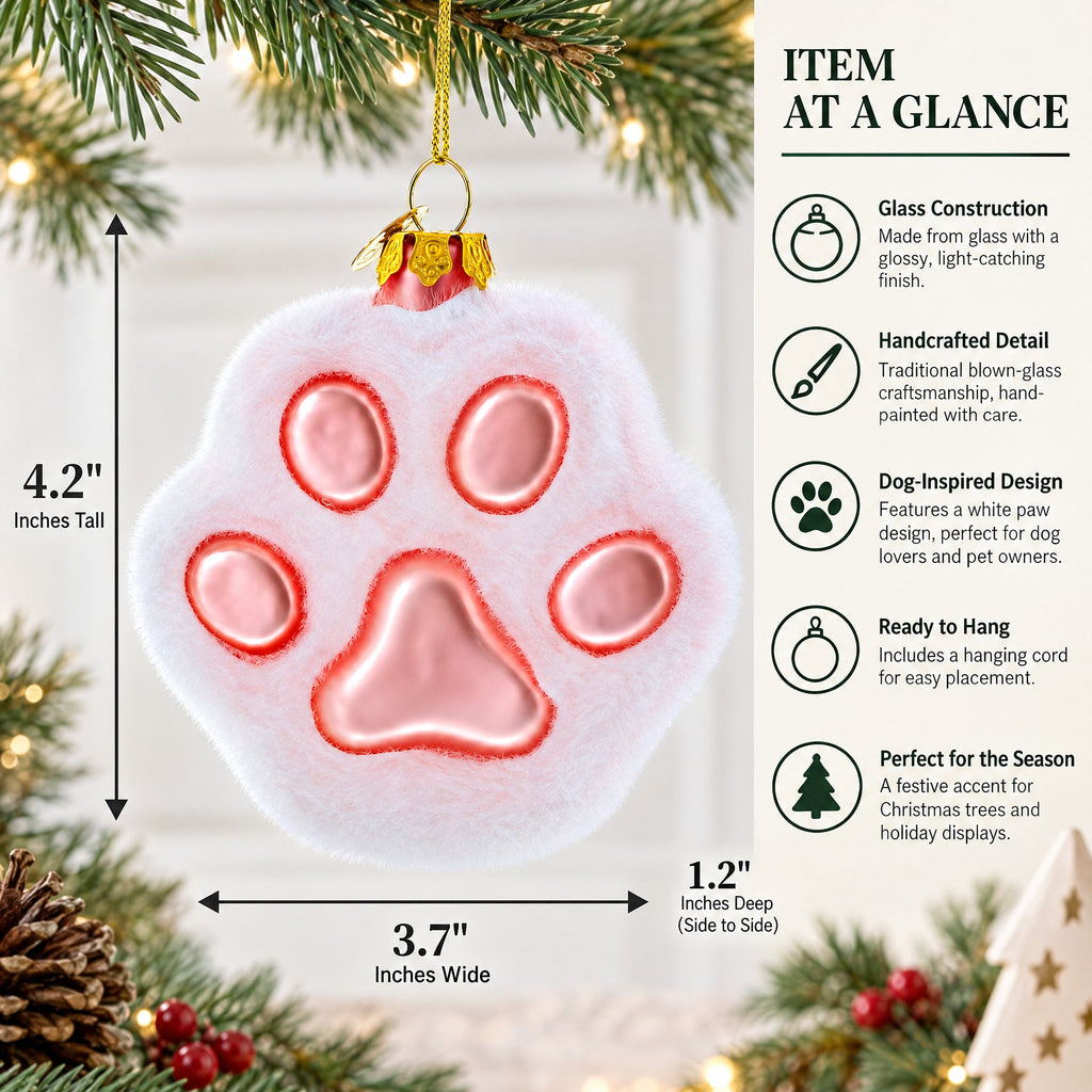 White Paw Glass Christmas Ornament