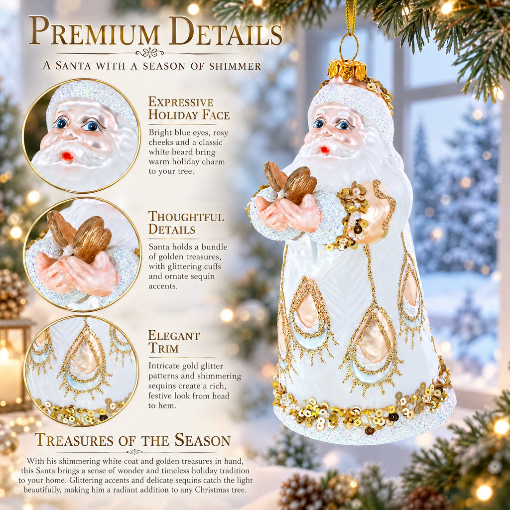 Santa in White Coat Glass Christmas Ornament