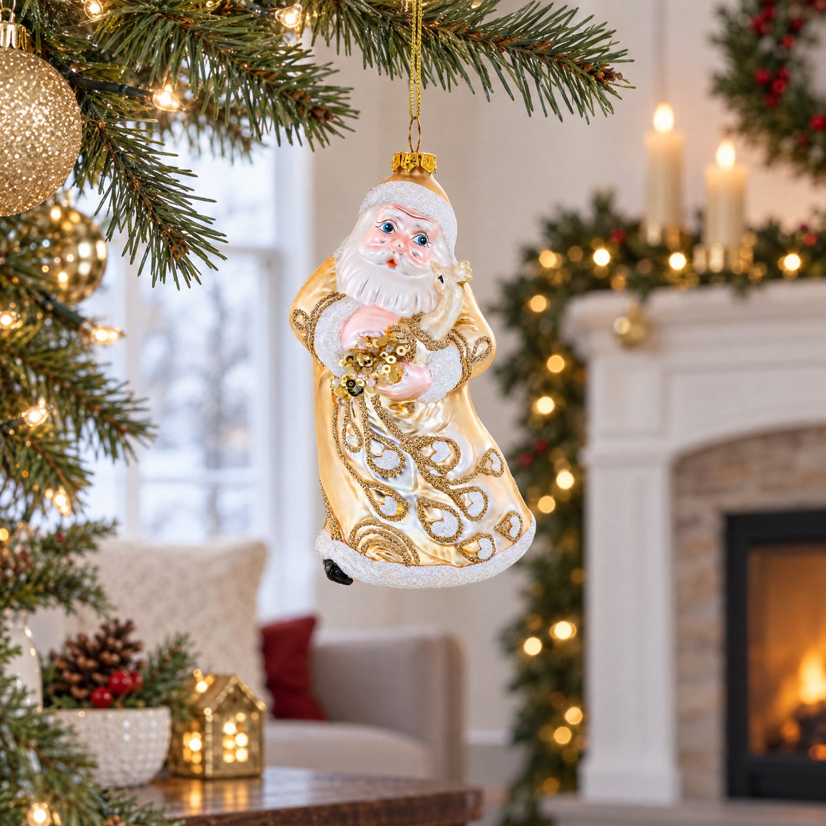 Santa in Golden Coat Glass Christmas Ornament