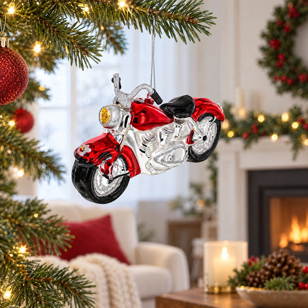 Red Motorcycle Glass Christmas Ornament