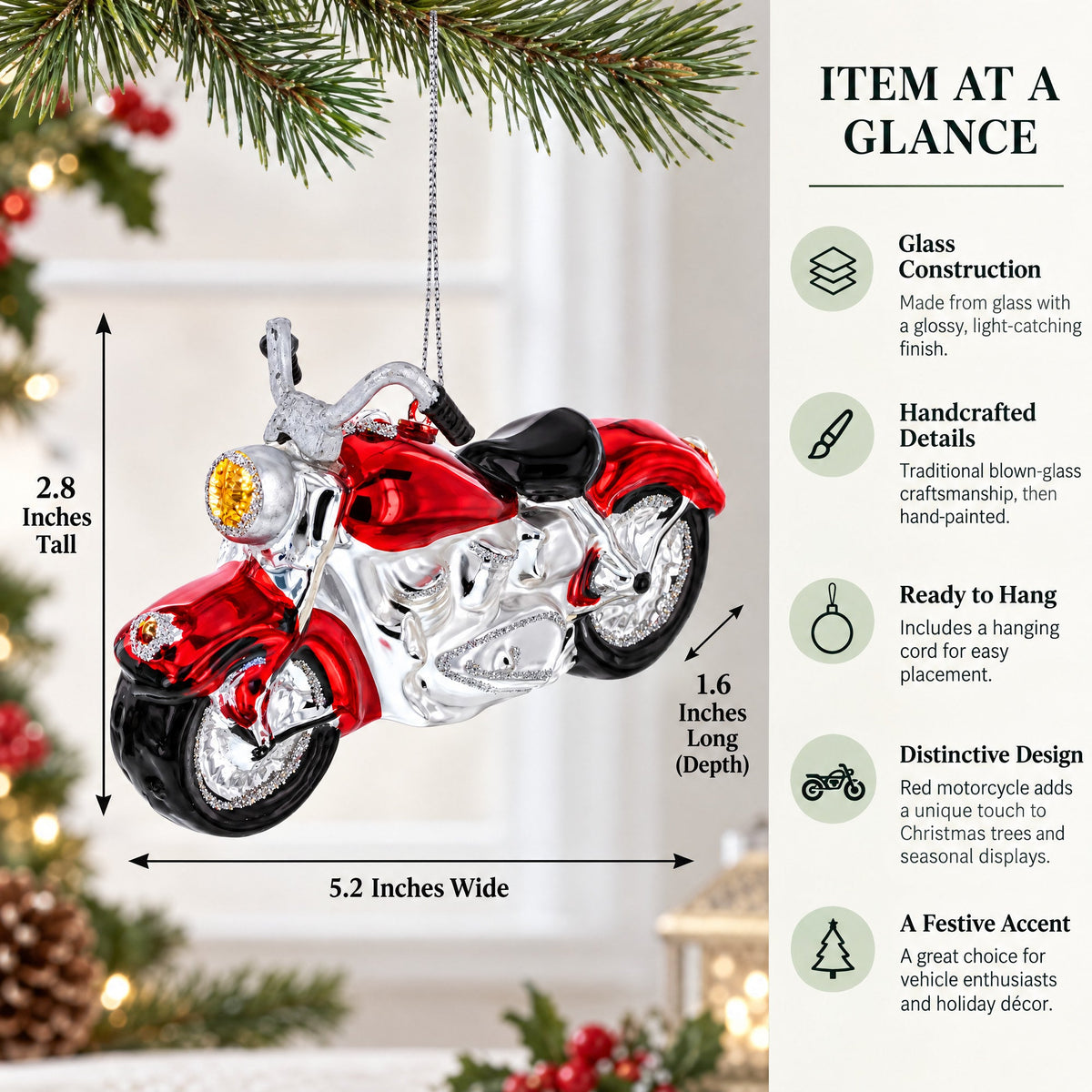 Red Motorcycle Glass Christmas Ornament