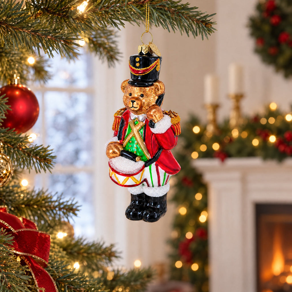 Teddy Bear Drummer Glass Christmas Ornament