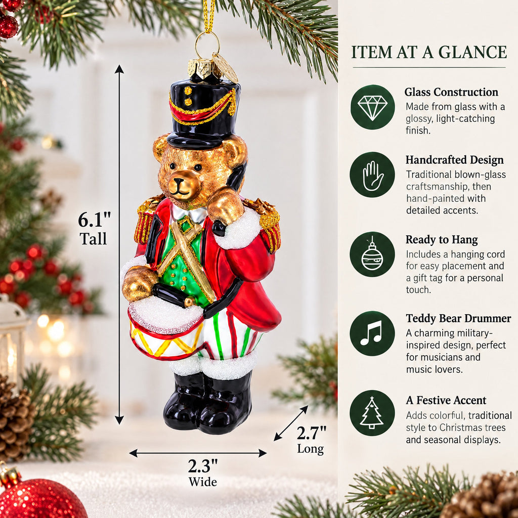 Teddy Bear Drummer Glass Christmas Ornament