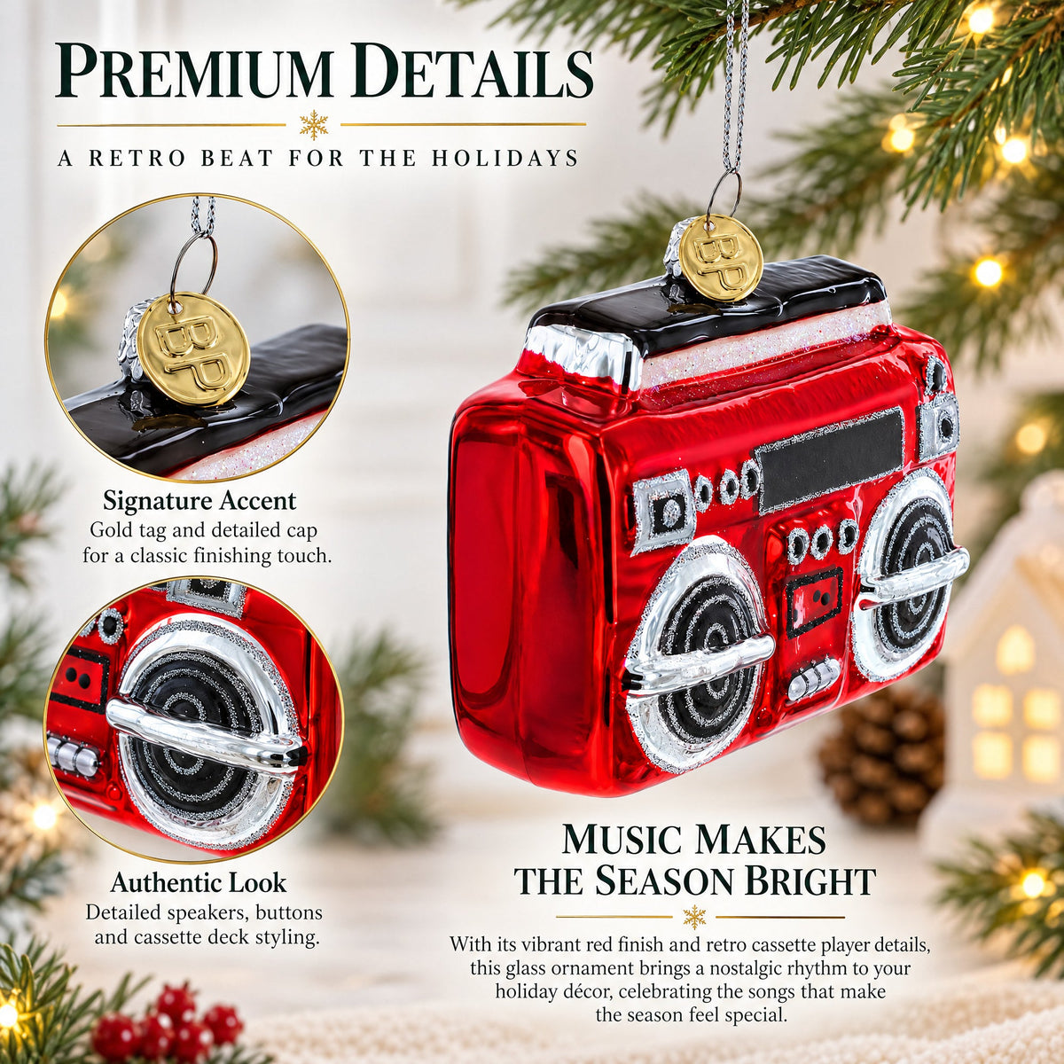 Retro Cassette Player Glass Christmas Ornament