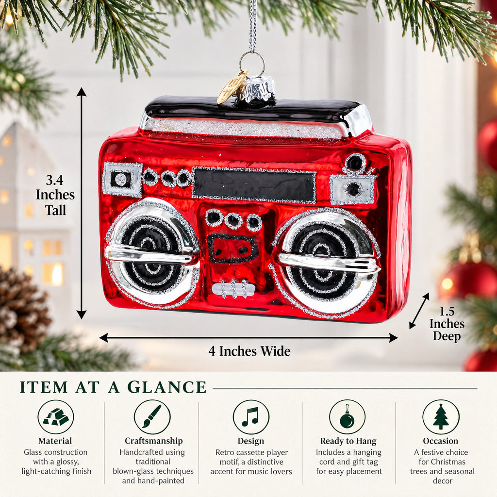 Retro Cassette Player Glass Christmas Ornament