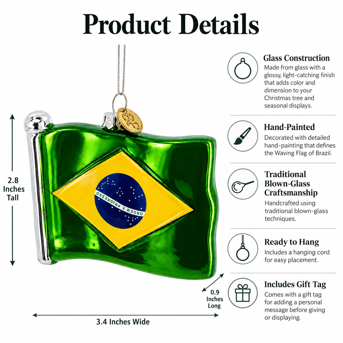 Waving Flag of Brazil Glass Christmas Ornament