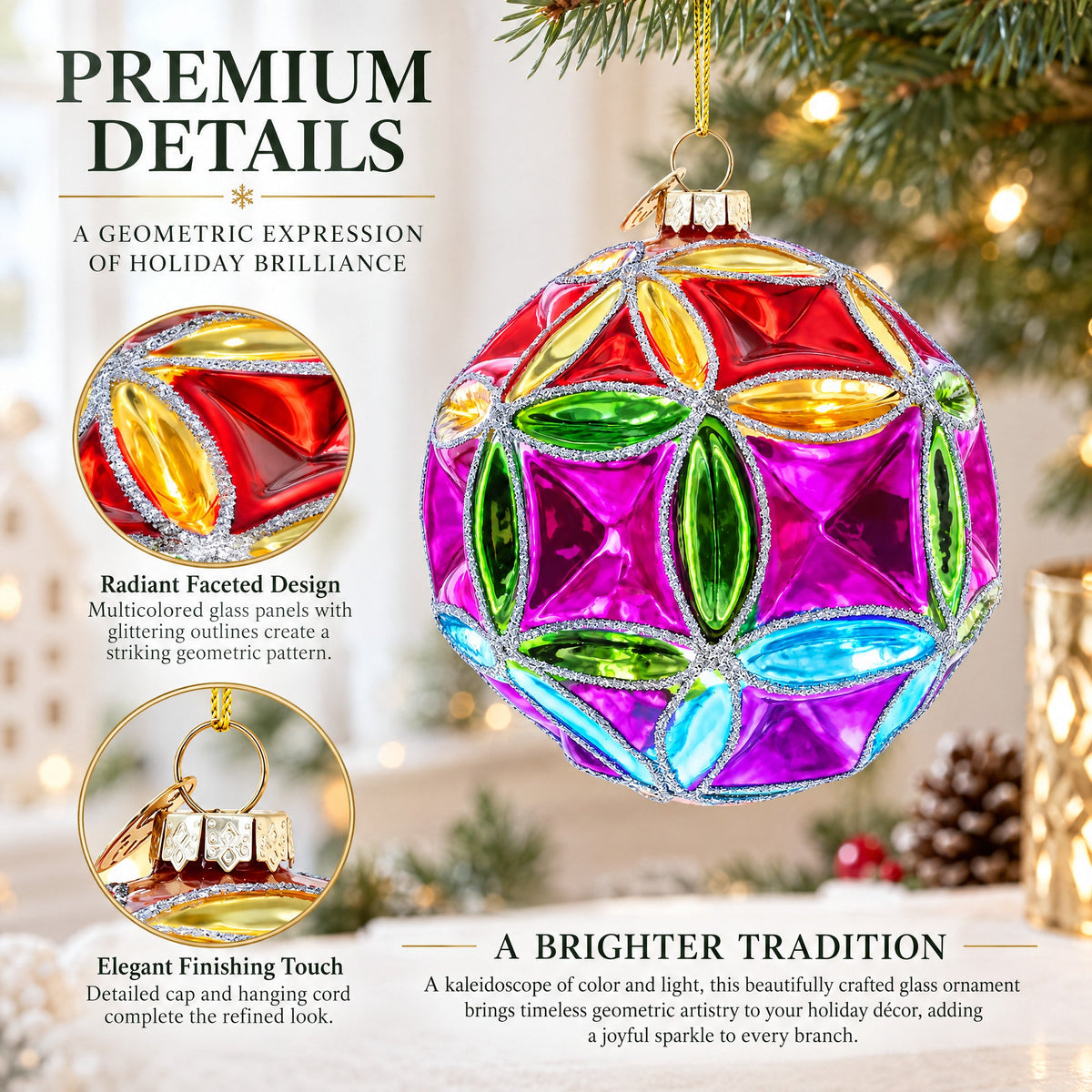 Faceted Design Vibrant Geometric Glass Christmas Ornament