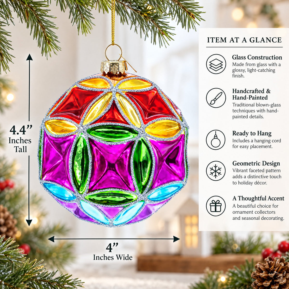 Faceted Design Vibrant Geometric Glass Christmas Ornament