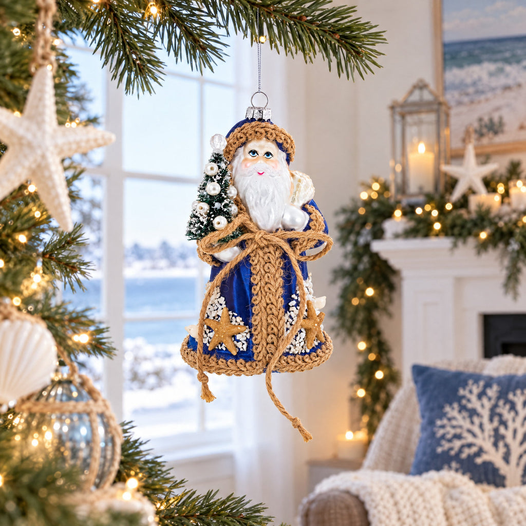 Rustic Coastal Santa with Burlap Accents & Starfish Christmas Ornament