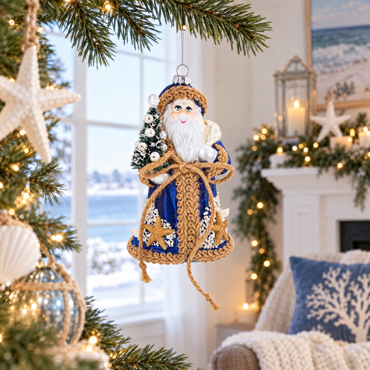 Rustic Coastal Santa with Burlap Accents & Starfish Christmas Ornament