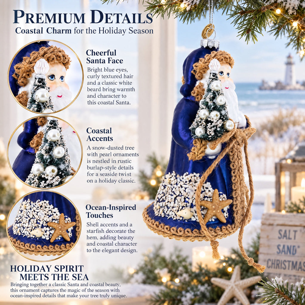 Rustic Coastal Santa with Burlap Accents & Starfish Christmas Ornament