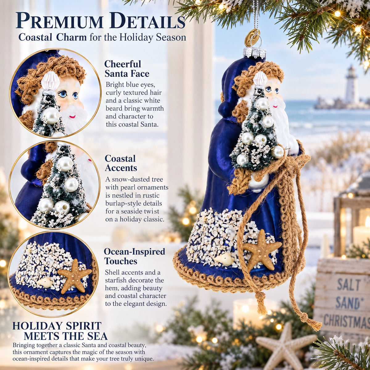 Rustic Coastal Santa with Burlap Accents & Starfish Christmas Ornament
