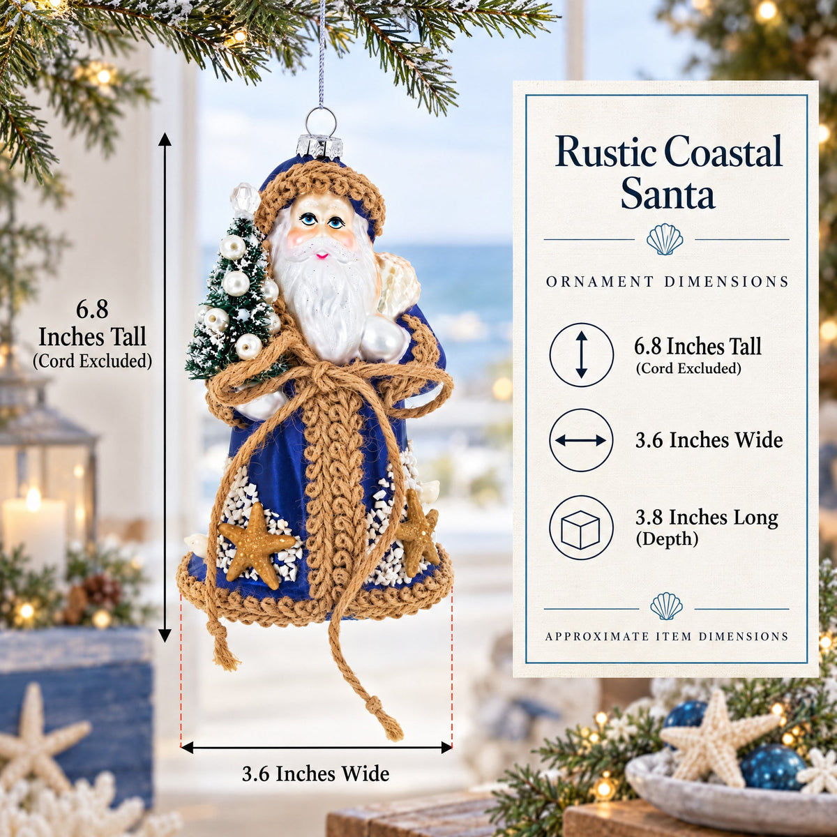 Rustic Coastal Santa with Burlap Accents & Starfish Christmas Ornament