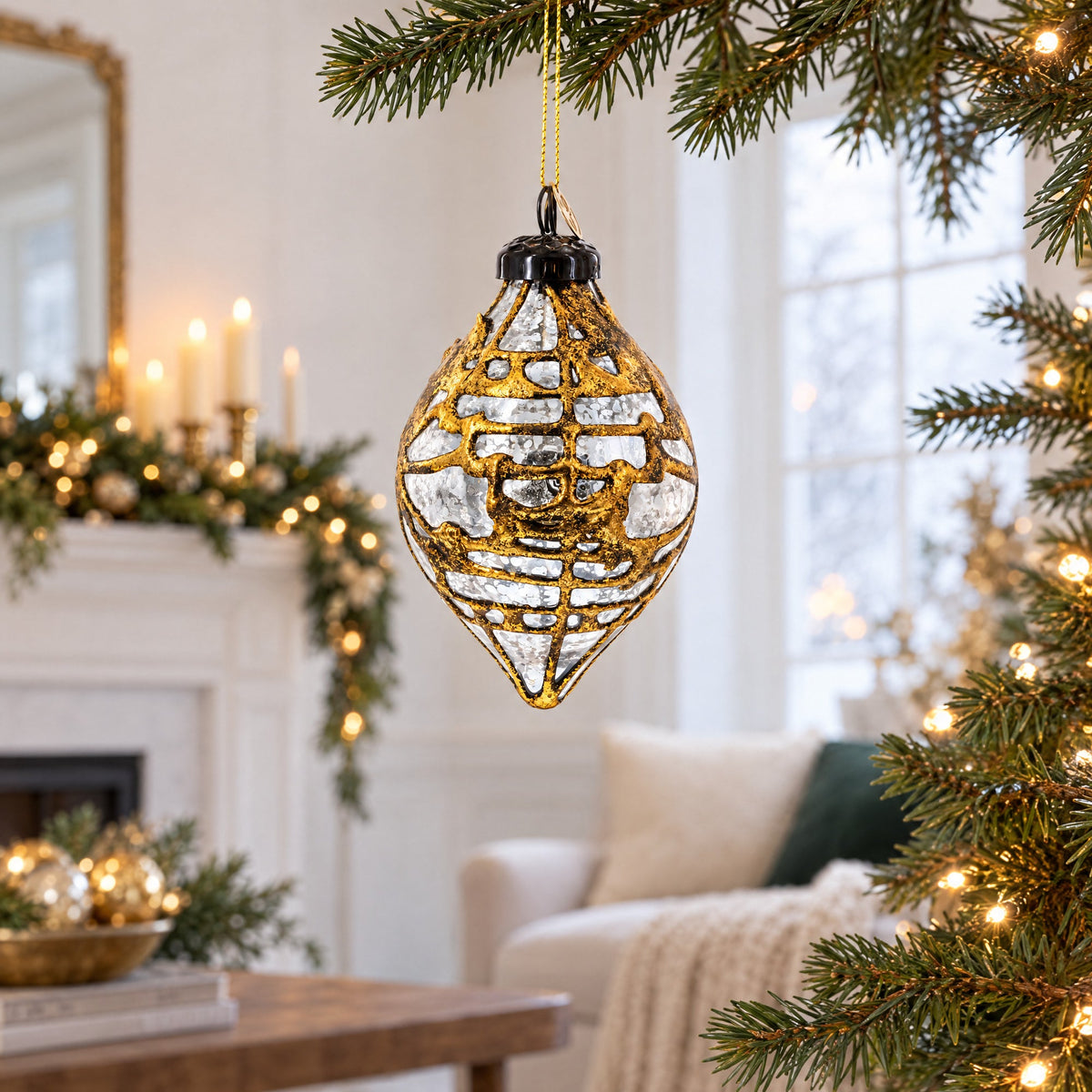 Rustic Teardrop with Gold Filigree Clear Glass Christmas Ornament