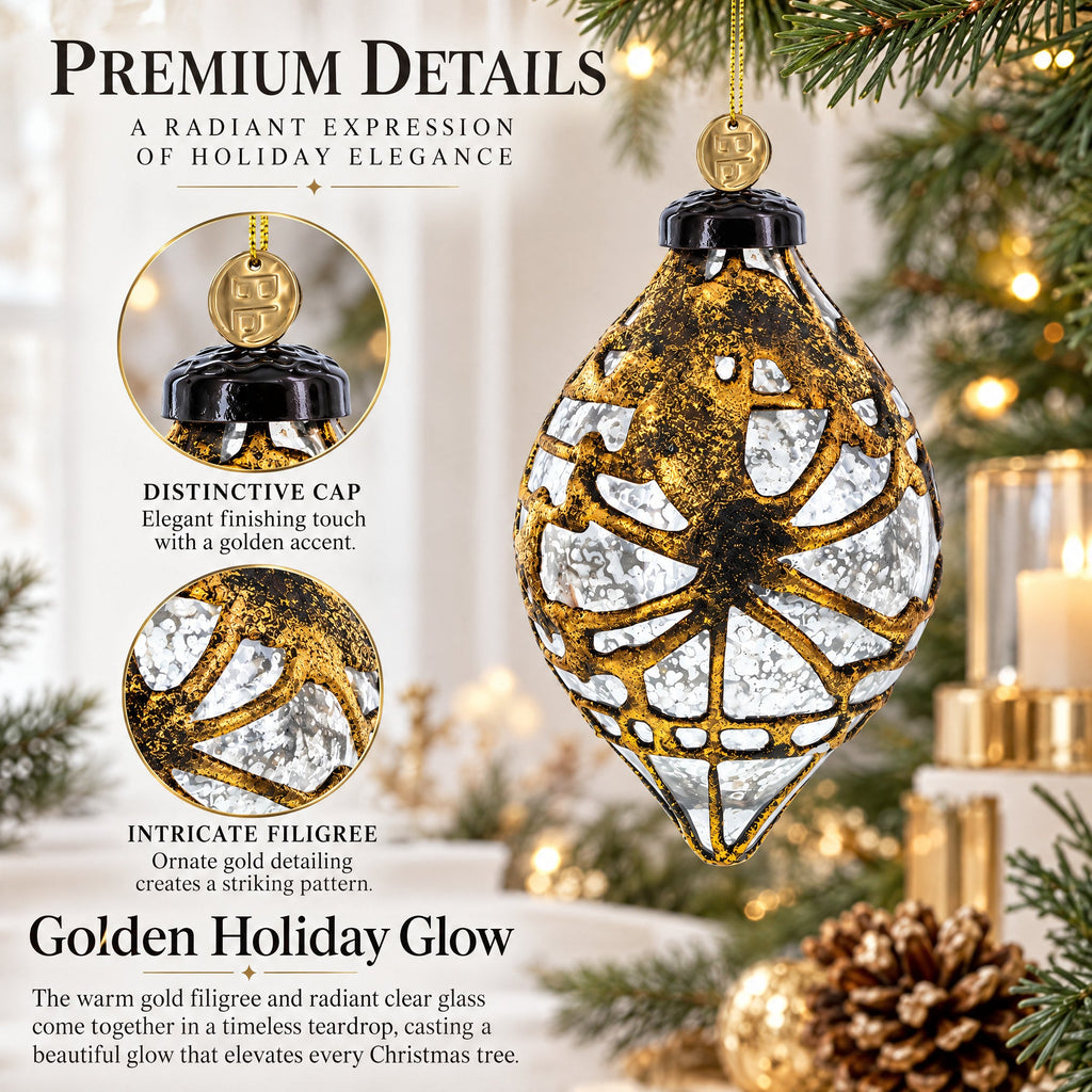 Rustic Teardrop with Gold Filigree Clear Glass Christmas Ornament
