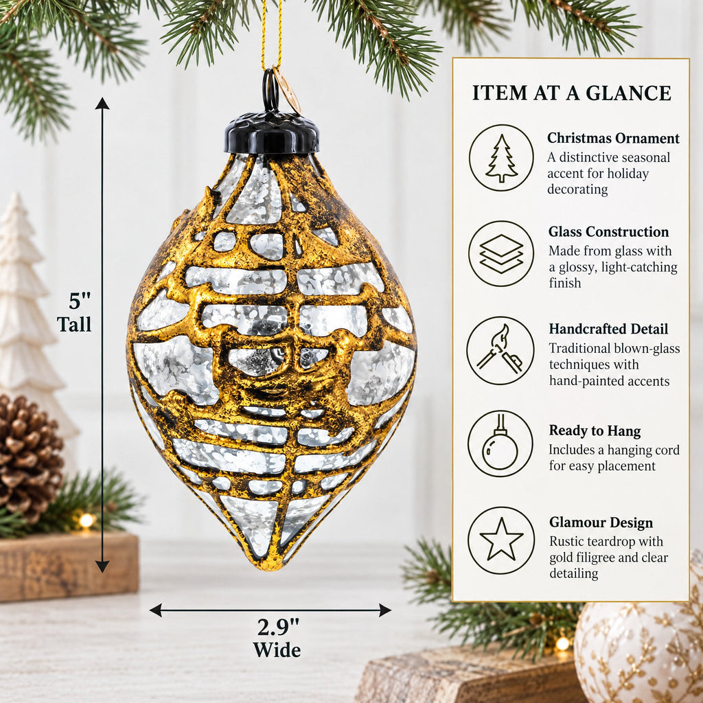 Rustic Teardrop with Gold Filigree Clear Glass Christmas Ornament