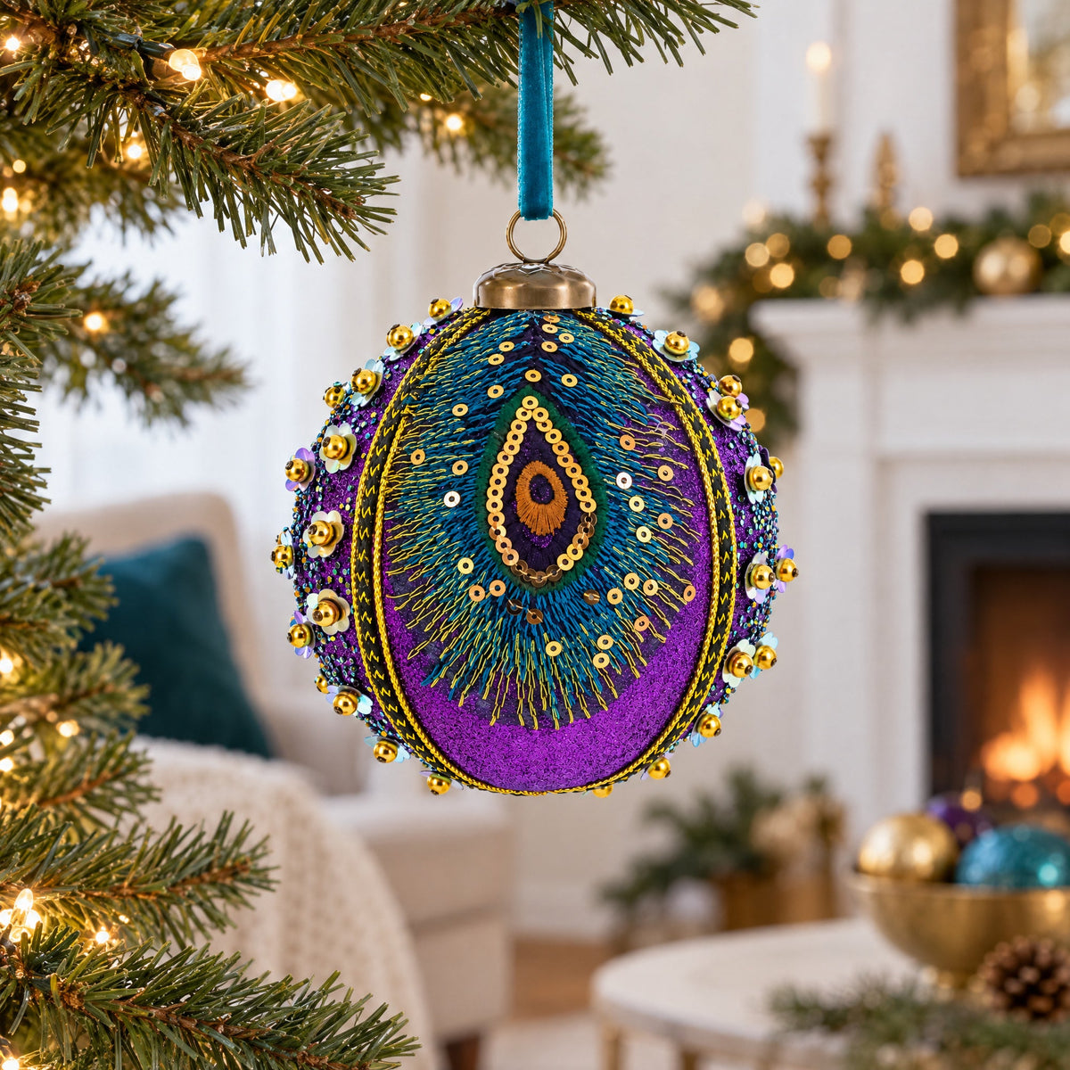 Beaded Purple Peacock Feather Glass Ball Christmas Ornament