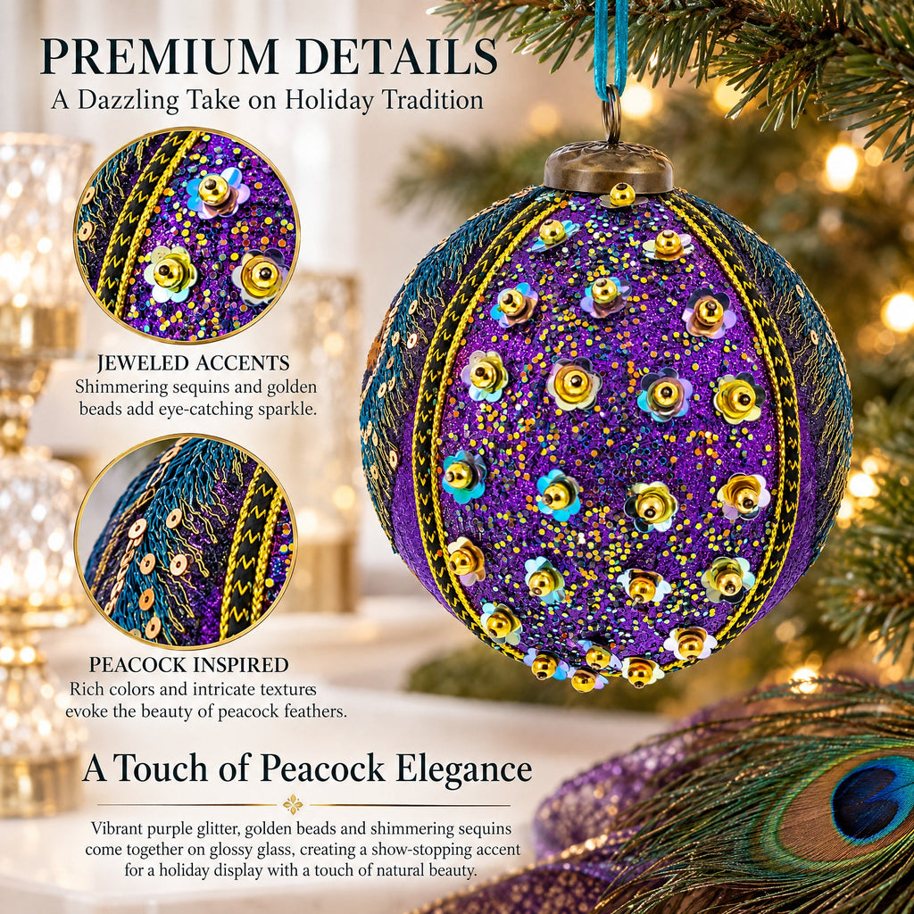Beaded Purple Peacock Feather Glass Ball Christmas Ornament