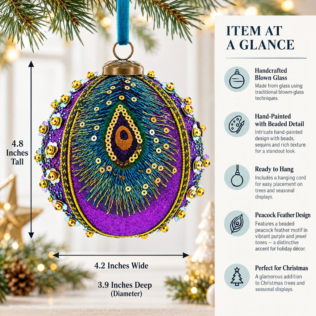 Beaded Purple Peacock Feather Glass Ball Christmas Ornament