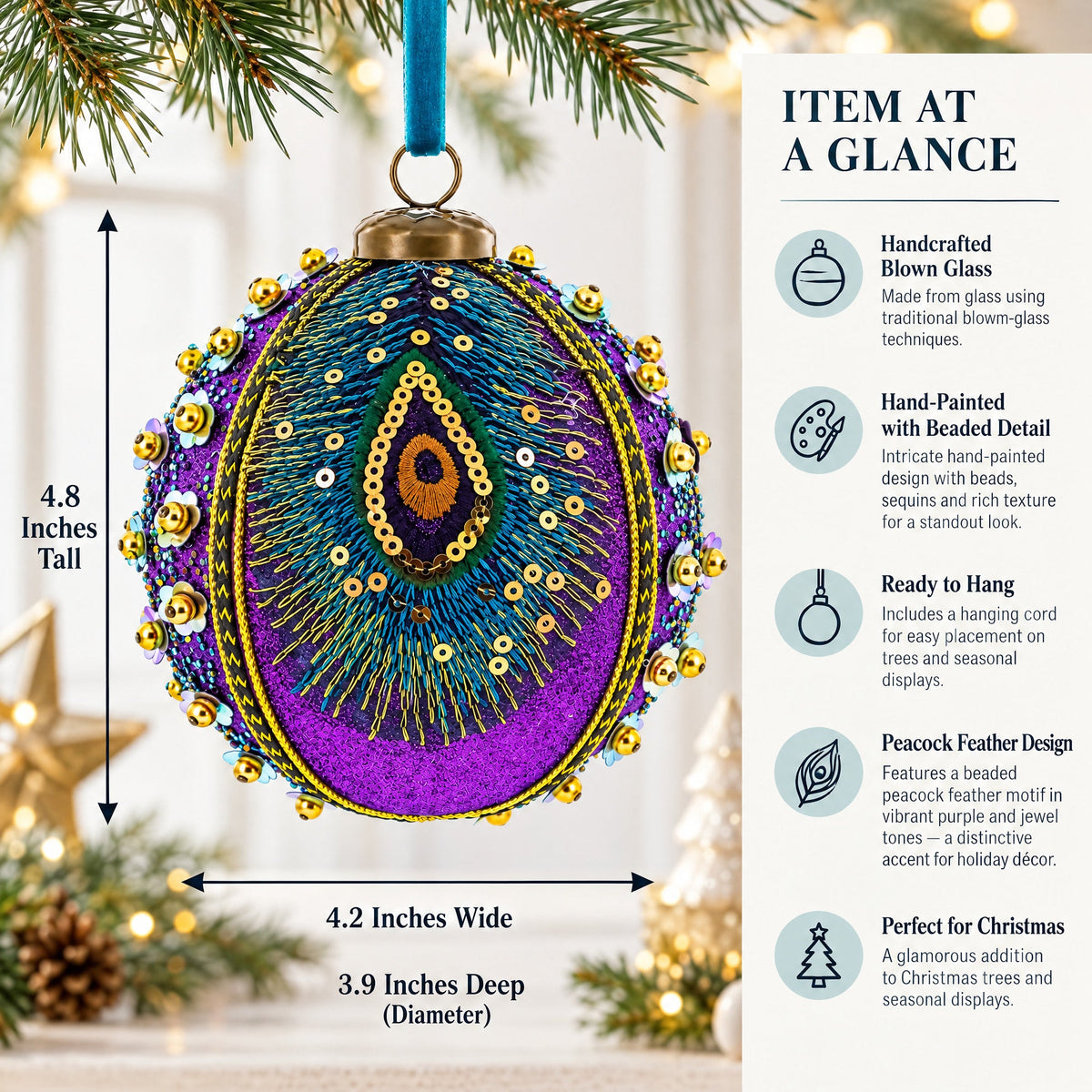 Beaded Purple Peacock Feather Glass Ball Christmas Ornament