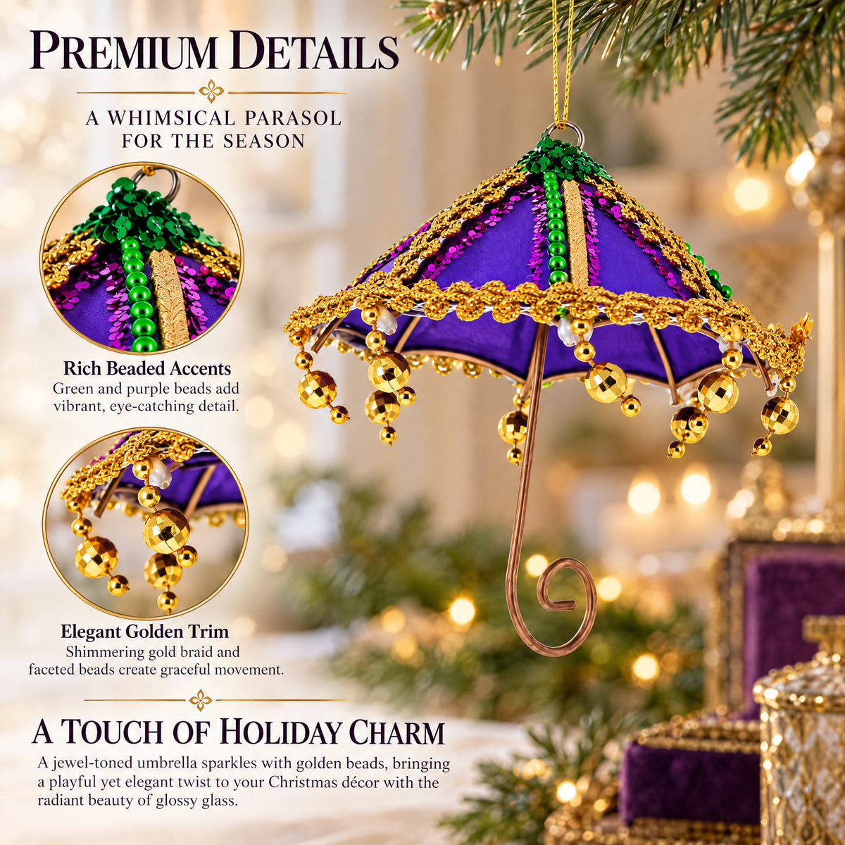 Whimsical Purple Umbrella with Beaded Accents Christmas Ornament