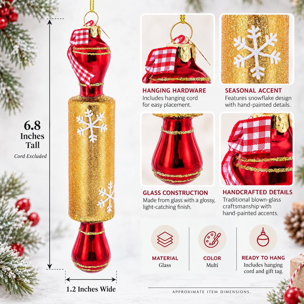 Rolling Pin Glass Christmas Ornament