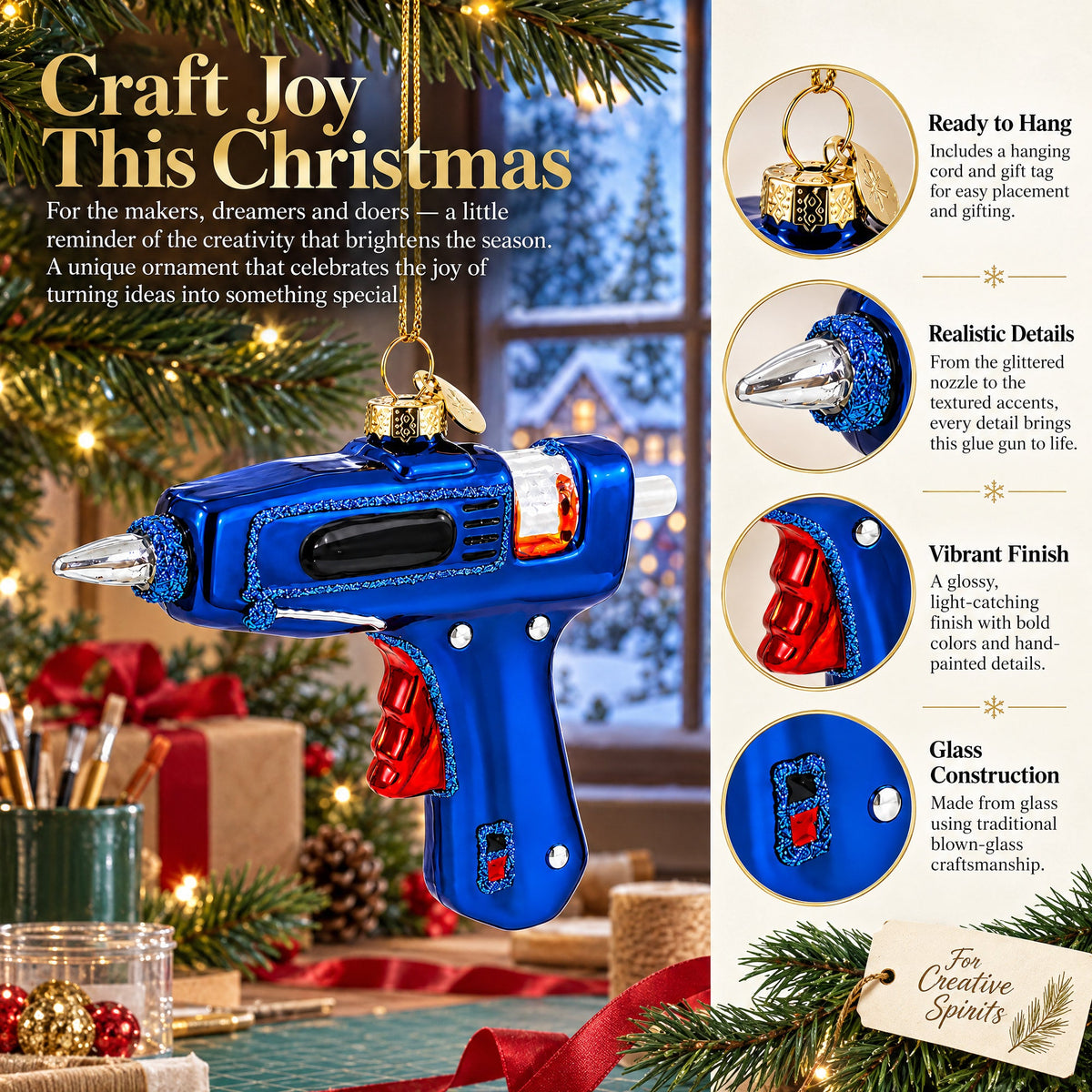 Craftsman's Blue Glue Gun Glass Christmas Ornament