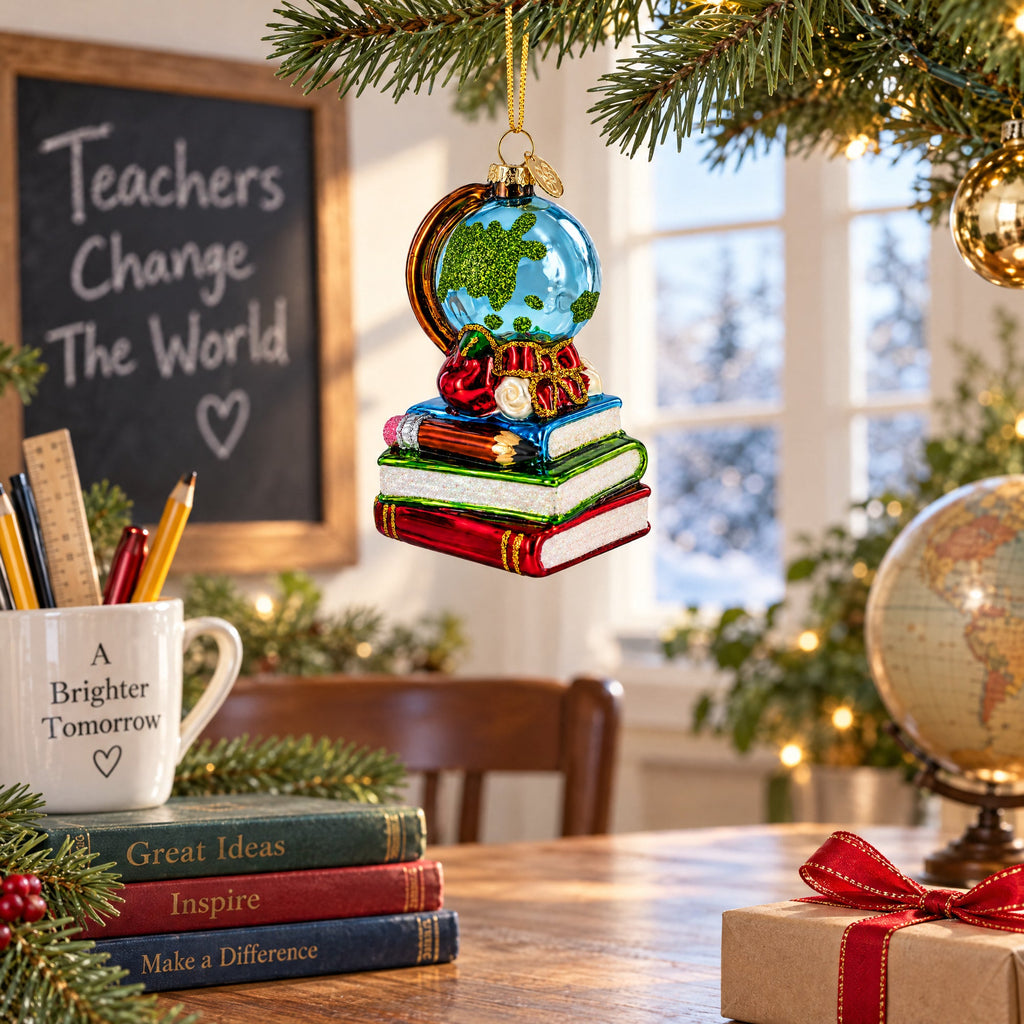 Teacher’s Globe and Books Glass Christmas Ornament