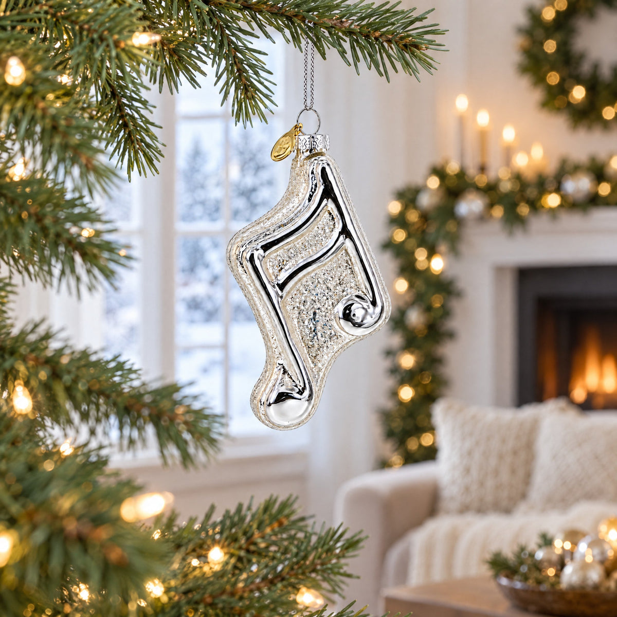 Silver Music Note Glass Christmas Ornament
