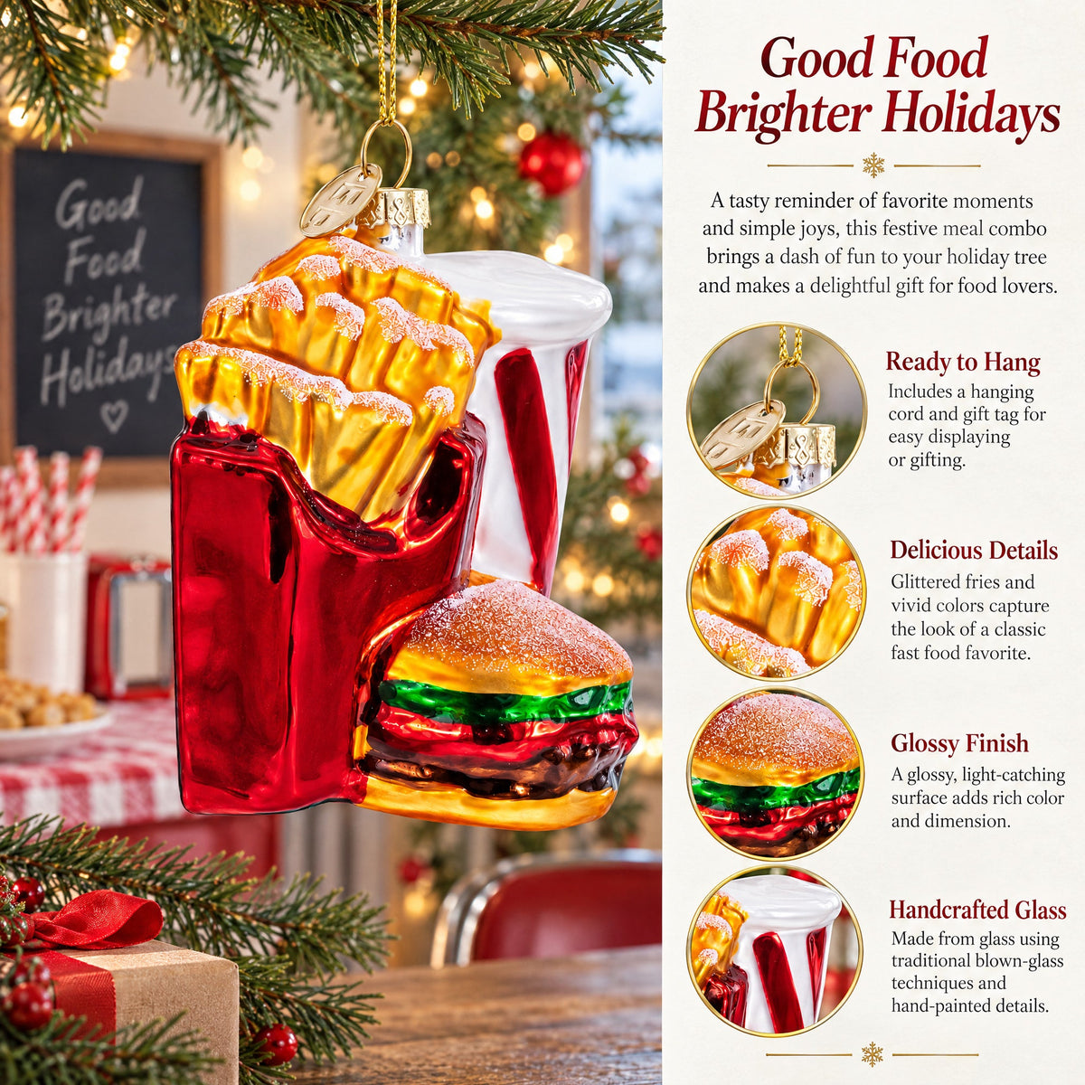 Fast Food Meal Combo Glass Christmas Ornament