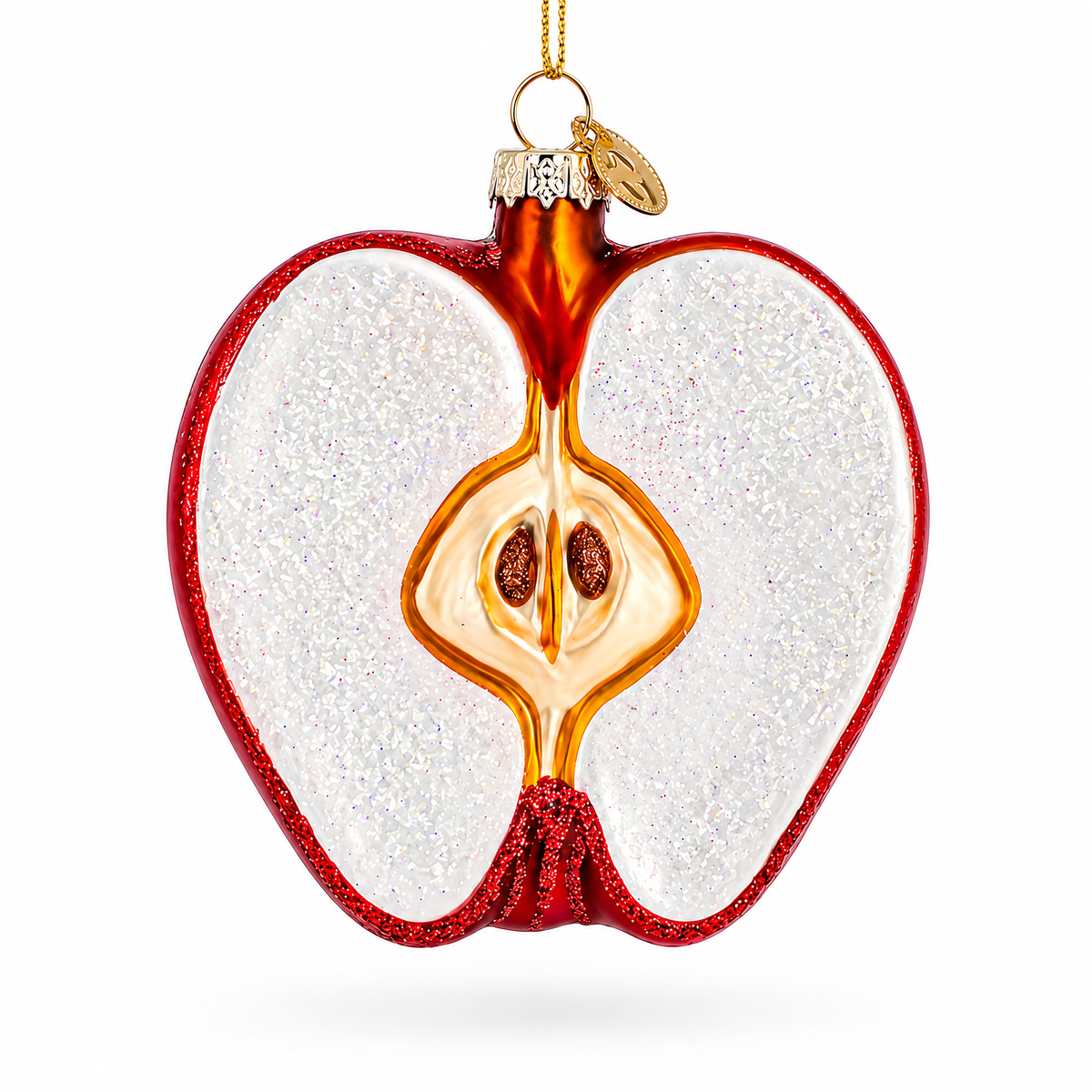 Red Apple Half with Seeds Glass Christmas Ornament