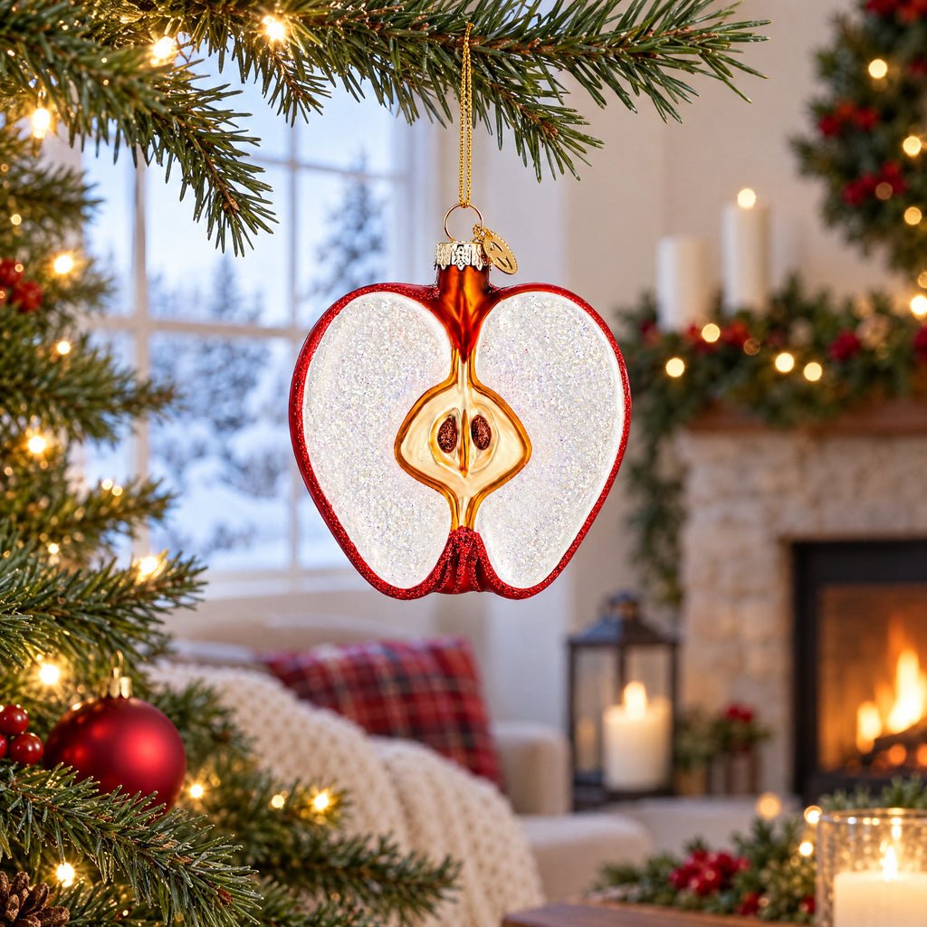 Red Apple Half with Seeds Glass Christmas Ornament