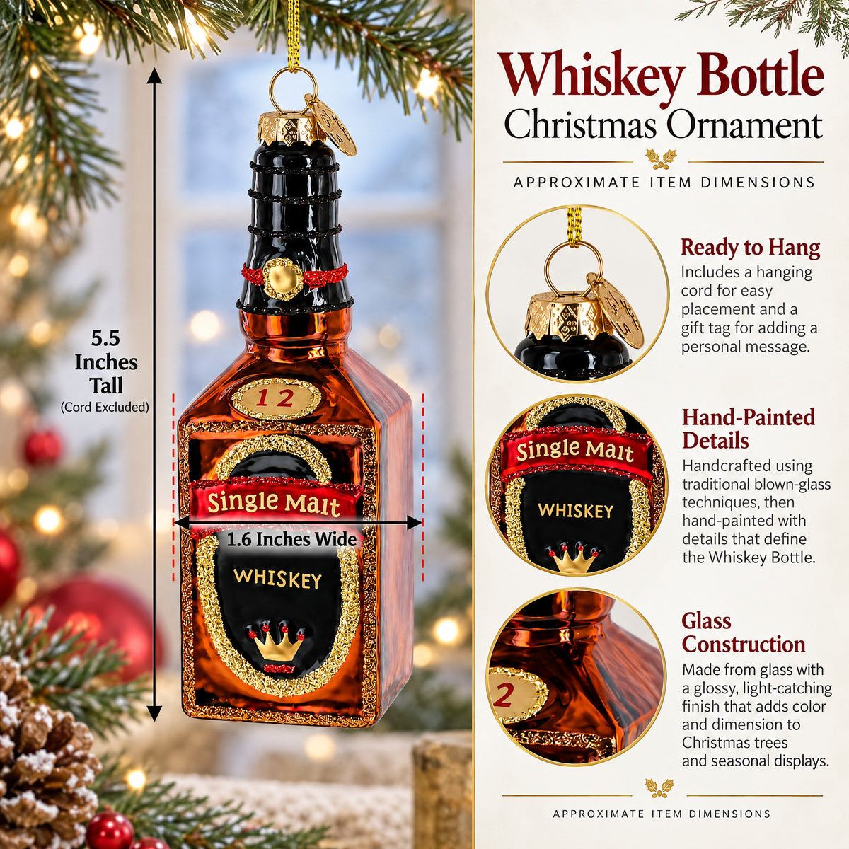 Whiskey Bottle Glass Christmas Ornament