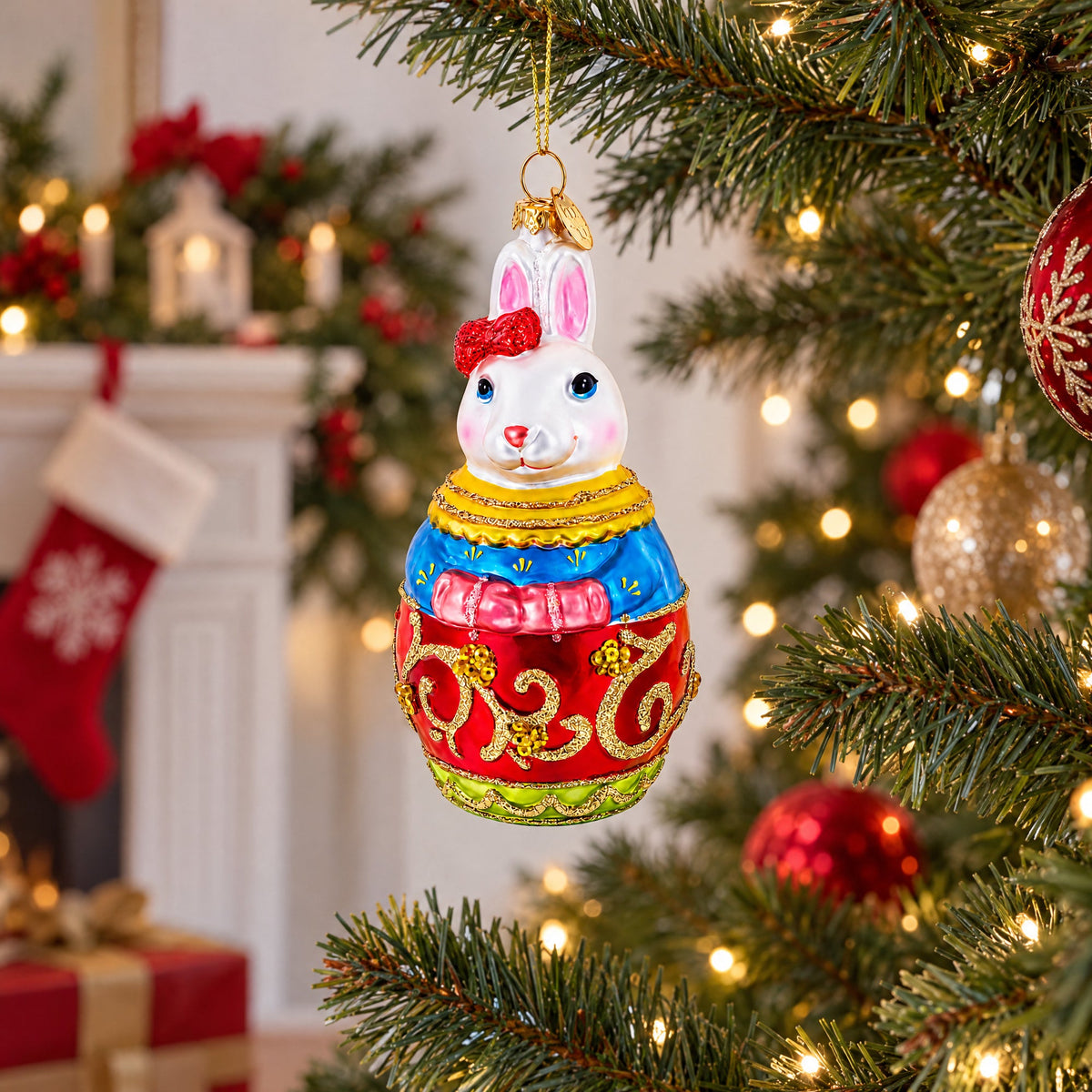 Dressed Bunny Glass Christmas Ornament