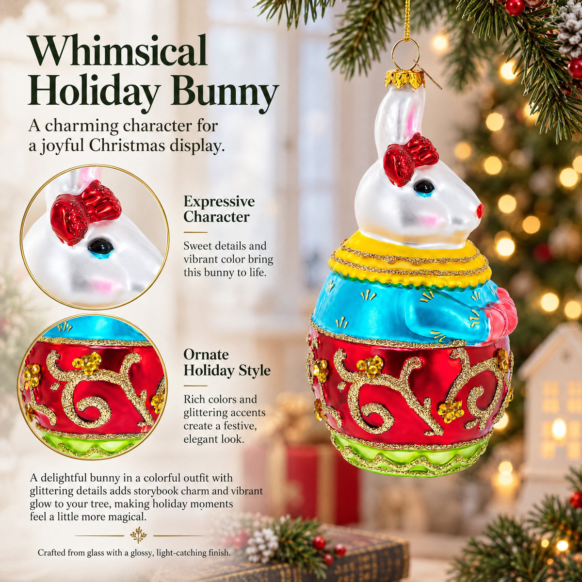 Dressed Bunny Glass Christmas Ornament