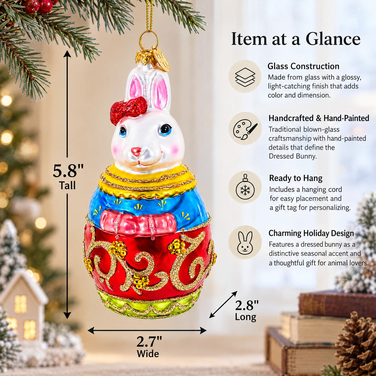 Dressed Bunny Glass Christmas Ornament