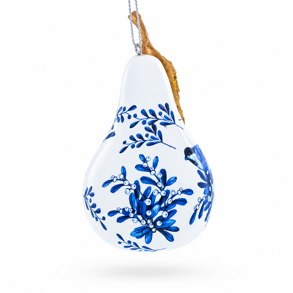 Bird on White Pear with Gold Leaf Glass Christmas Ornament