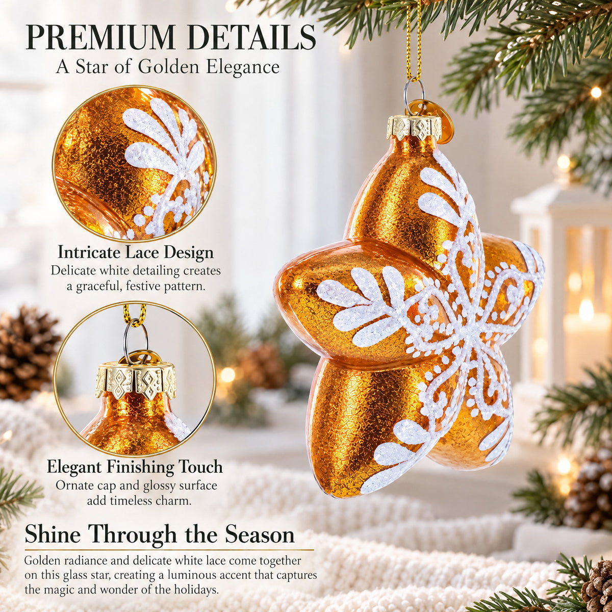 Golden Lace Star Glass Christmas Ornament