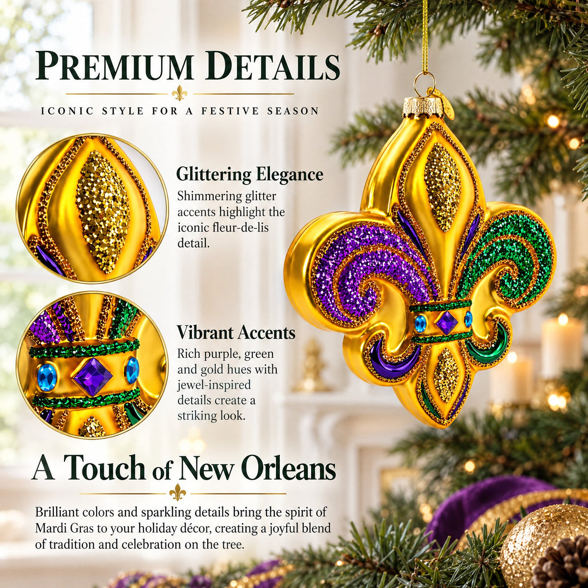Mardi Gras Fleur-de-Lis Glass Christmas Ornament