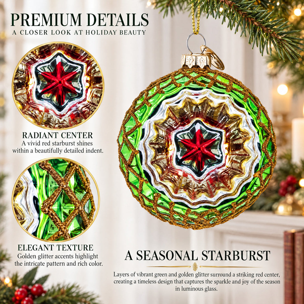 Green Starburst Indent Glass Christmas Ornament